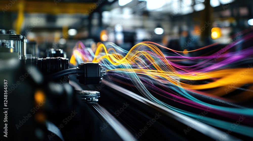 Poster High-resolution cables and connectors link industrial machines, with dynamic waveforms of data traffic rendered as colorful lines above, visualizing communication in smart manufacturing.