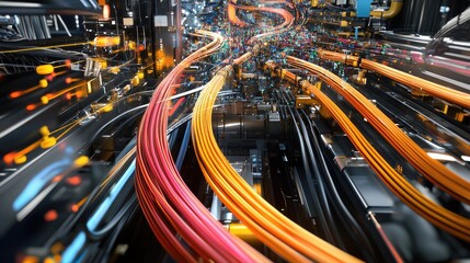 High-definition cables and connectors interlink machines, with colorful waveforms of data traffic above, emphasizing the importance of connectivity in industrial data systems.