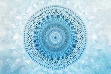 An intricate pattern of blue dots and molecule-like fragments forming a circular ornament over a light blue gradient background.