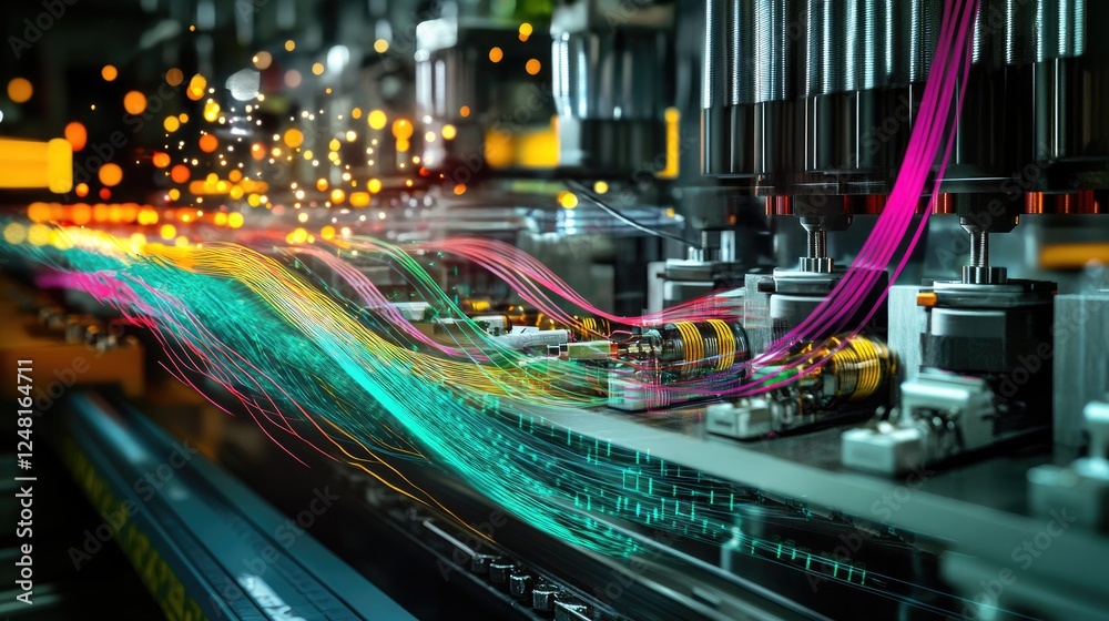 Poster High-resolution cables and connectors link machines, with colorful waveforms representing data traffic above, symbolizing the flow of information in industrial communication systems.