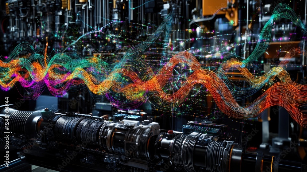 Poster High-resolution cables and connectors link machines, with colorful waveforms representing data traffic above, symbolizing the flow of information in industrial communication systems.