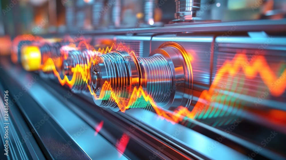 Poster High-resolution cables and connectors link machines, with colorful waveforms representing data traffic above, symbolizing the flow of information in industrial communication systems.