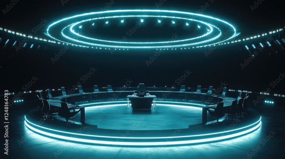 Poster holographic debates taking place in a circular luminescent arena, representing the power of dialogue