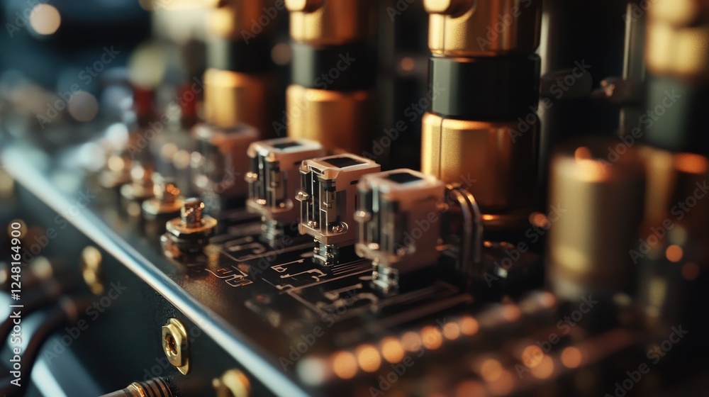 Poster intricate close-up of electrical relays and components in an industrial manufacturing setting, illus