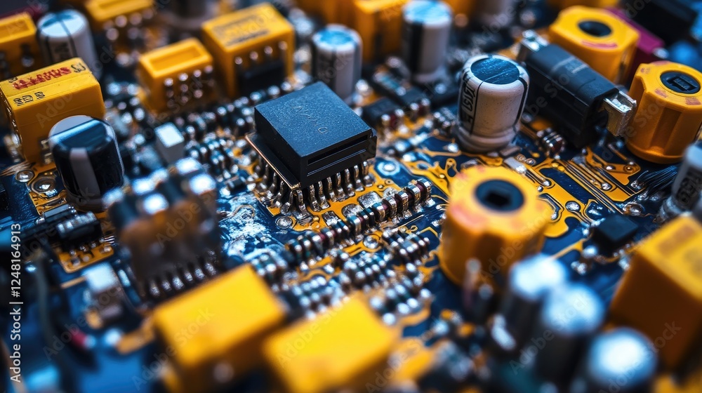 Poster intricate close-up of electrical relays and components in an industrial manufacturing setting, illus