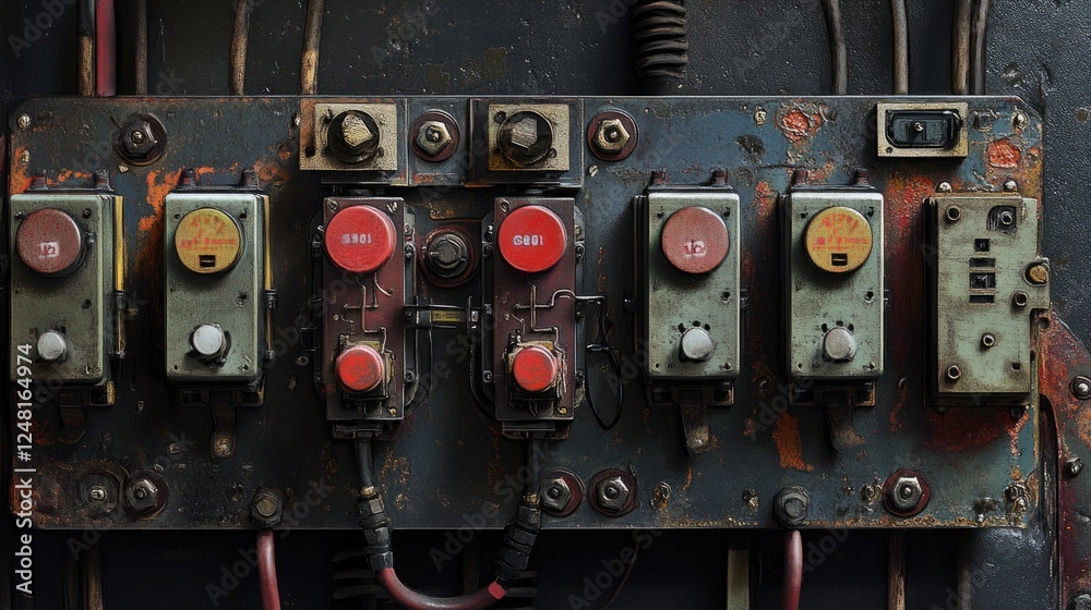 Poster intricate close-up of electrical relays and components in an industrial manufacturing setting, illus