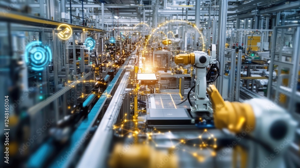 Poster network cables and a 5g antenna inside a factory, magnified to highlight the infrastructure crucial 