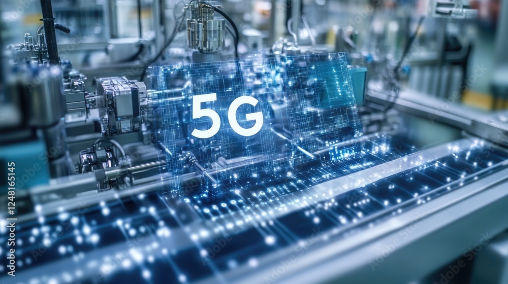 Poster network cables and a 5g antenna inside a factory, magnified to highlight the infrastructure crucial 