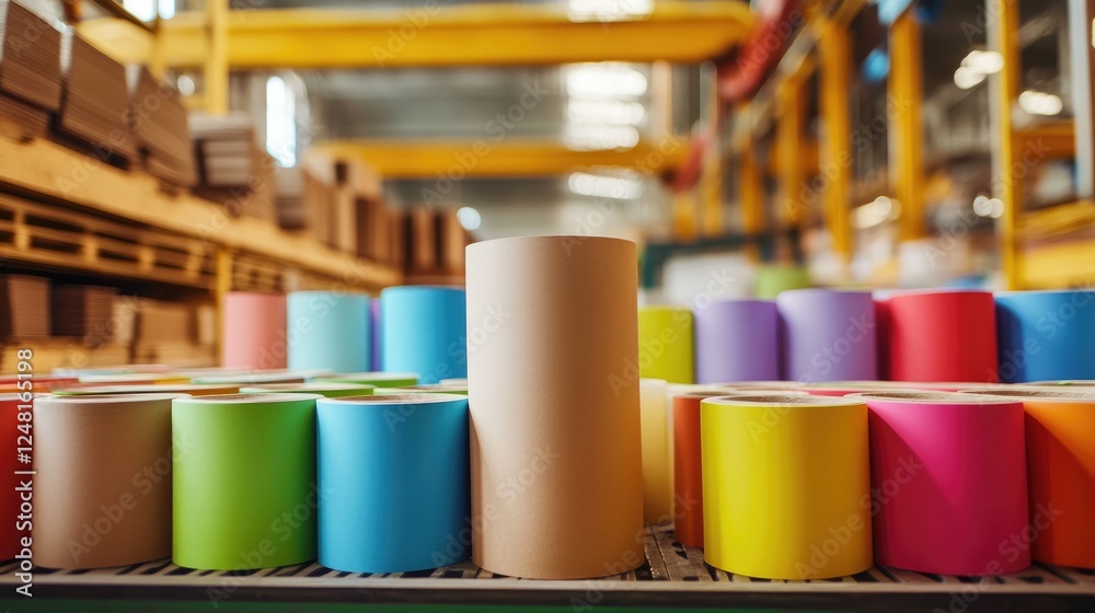 Poster onsite production of eco-friendly packaging displayed vibrantly, illustrating sustainability efforts