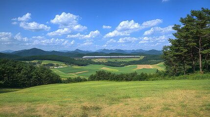 Fototapeta premium Lush green landscape with rolling hills dotted with trees under a bright blue sky with fluffy white clouds.