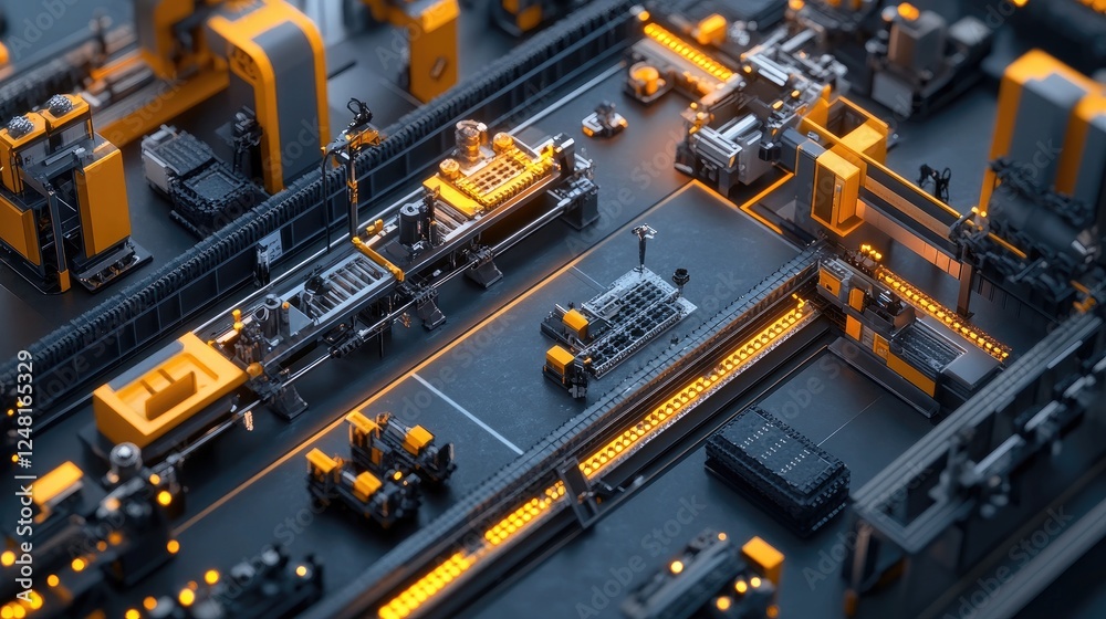 Aufkleber overhead perspective of a microfactory assembly line, where 3d-printed components are carefully arra