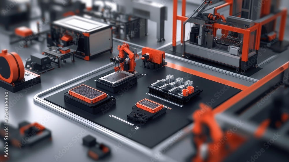Poster Overhead perspective of a microfactory assembly line, where 3D-printed components are carefully arranged, with machinery in the background designed for adaptable production processes.