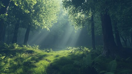 Obraz premium Sunlight filters through the lush green forest creating a mystical scene