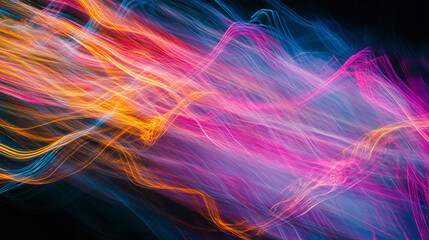 Obraz premium Car light speed motion effect. Blurred streaks of fast movement, road traffic with long exposure at night. Abstract blue and red neon lines isolated on black background, vector realistic illustration