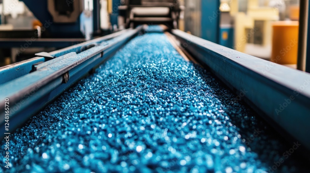 Poster plastic granules are processed and transported via a conveyor belt in a factory, illustrating the st