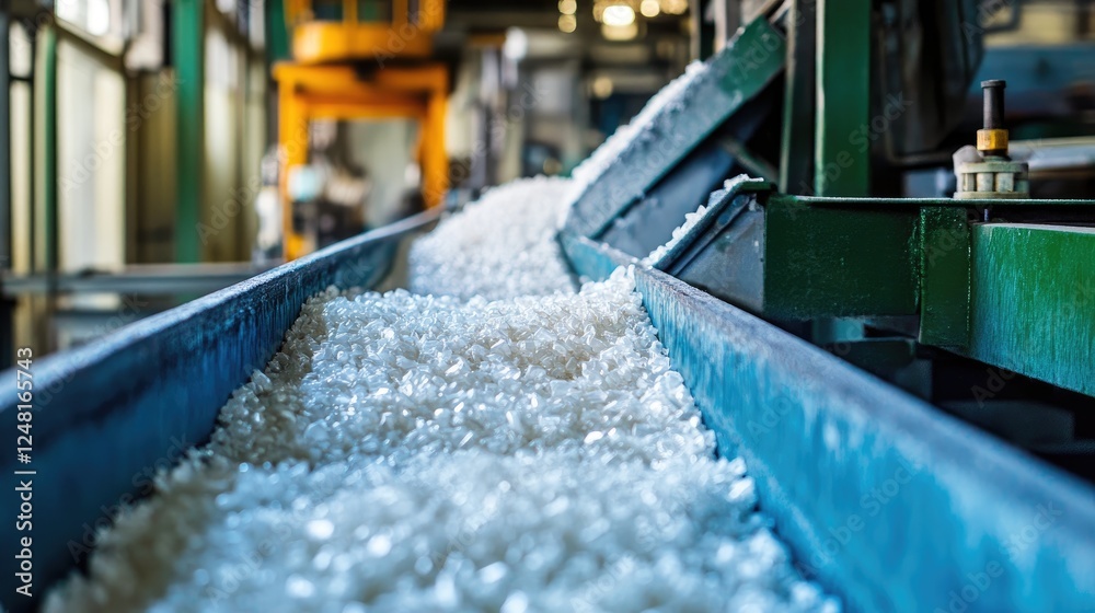 Aufkleber plastic granules are processed and transported via a conveyor belt in a factory, illustrating the st