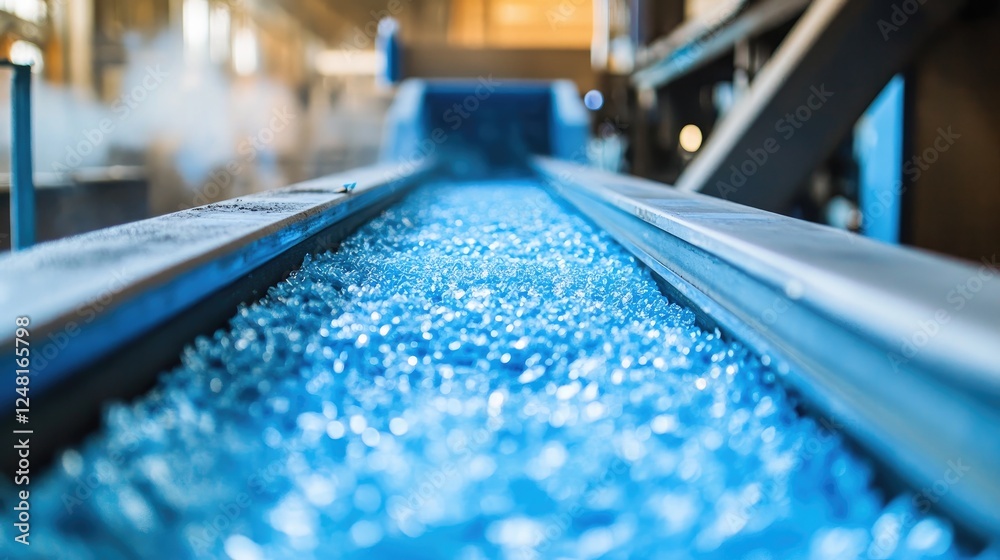 Poster plastic granules are processed and transported via a conveyor belt in a factory, illustrating the st