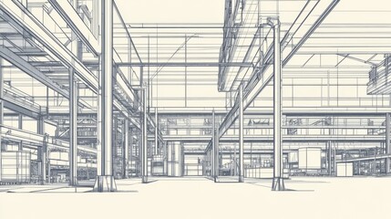 Obraz premium Industrial Building Blueprint, Interior Design, Modern Structure, 3D Render, Architectural Concept, Mock-up, Design Project, Graphic, Background