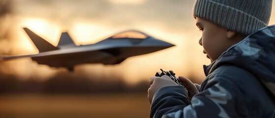 A child enjoys flying a toy airplane in the golden hour, showcasing imagination and the joy of playtime outdoors.