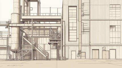 Fototapeta premium Industrial Building Exterior; Beige Architectural Design; Empty Factory; Background