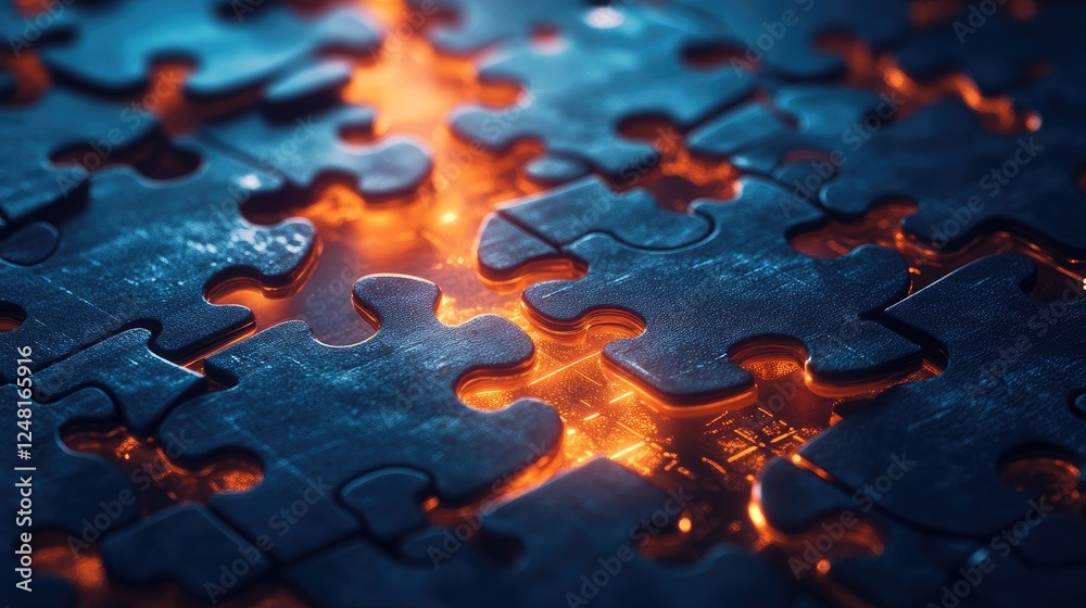 Poster puzzle pieces glowing and connecting in a futuristic setting, symbolizing the power of collaboration