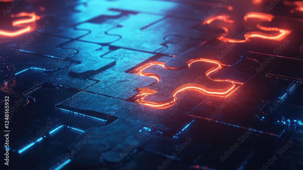 Poster Puzzle pieces glowing and connecting in a high-tech environment, representing collaboration, global communication, and the technological advancements enabling innovative solutions.