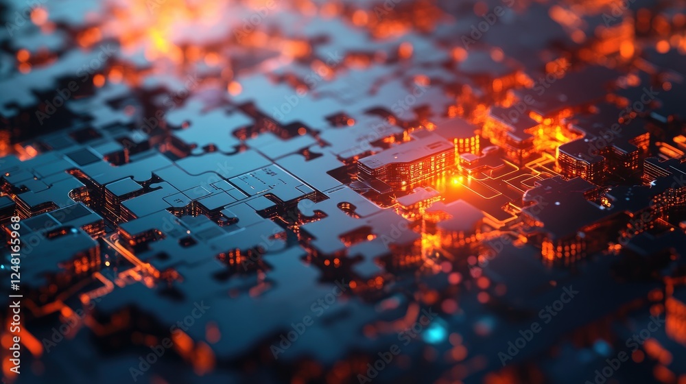Poster puzzle pieces glowing and connecting in a high-tech environment, representing collaboration, global 