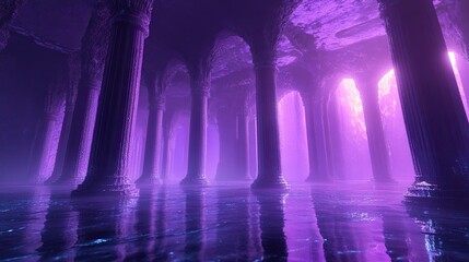 Ethereal Underwater Cave with Illuminated Pillars and Reflection