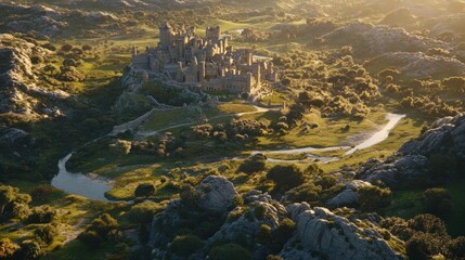 Fototapeta premium Majestic Medieval Castle atop Hill, Fairytale Landscape with River