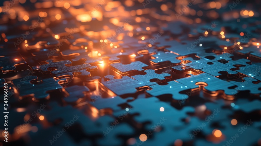 Aufkleber Puzzle pieces interlock to form a glowing, complex network, with illuminated connections symbolizing problem-solving, technological innovation, and future-driven solutions.