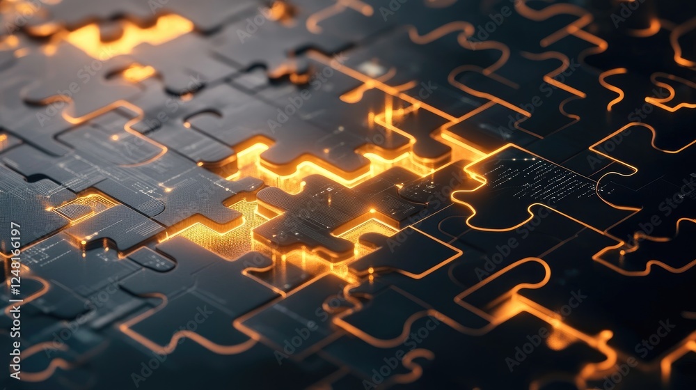Fototapete puzzle pieces interlock to form a glowing, complex network, with illuminated connections symbolizing