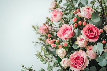 Beautifully arranged floral branches with blooming pink roses and greenery, designed for a wedding poster. =
