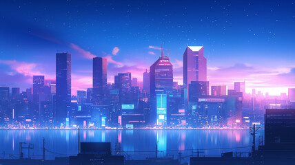 サイバーパンクシティ ピンクとブルーが彩る夜景イラスト