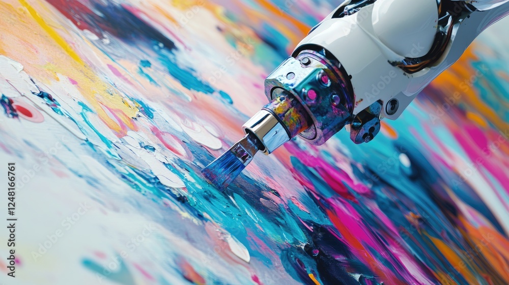 Poster robotic arm painting vibrant abstract artwork on canvas, blending technology with creativity, symbol