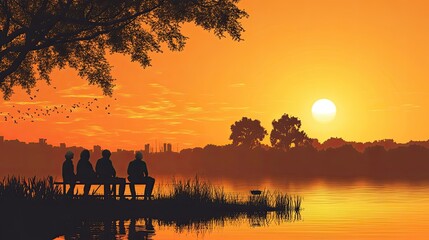 Obraz premium Sunset Gathering by the Lake with Friends Silhouettes and Nature