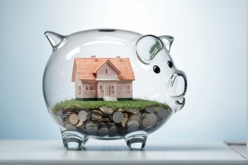 Saving to buy a house or home savings concept with model house inside transparent piggy bank