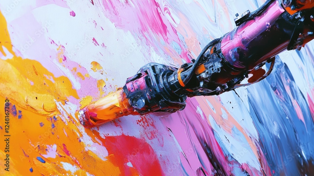Poster robotic arm painting vibrant abstract artwork on canvas, blending technology with creativity, symbol