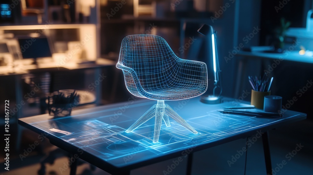 Poster the glowing outline of a virtual chair model hovers above a physical chair sketch on a worktable, wi