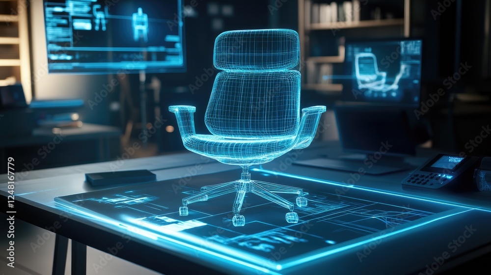 Poster the glowing outline of a virtual chair model hovers above a physical chair sketch on a worktable, wi