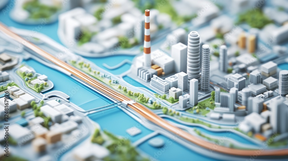 Poster Topographic map with a highlighted route leading from local resources to a central factory, symbolizing an optimized, short supply chain for efficient distribution.