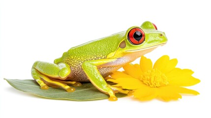 Naklejka premium Colorful green tree frog perched on a leaf beside a bright yellow flower against a white backdrop