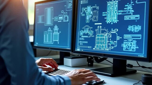 Engineering Design and Innovation: A close-up shot of an engineer working diligently on intricate designs displayed on dual computer screens.