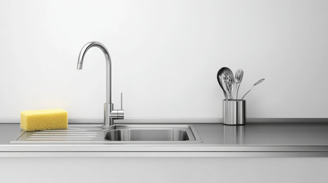 Kitchen metal sink with faucet and sponge on steel countertop, table surface front view isolated on transparent background. Interior frame with stainless silver colored desk Realistic 3d vector border