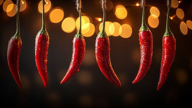 A close-up of hanging red chili peppers with a blurred bokeh background.