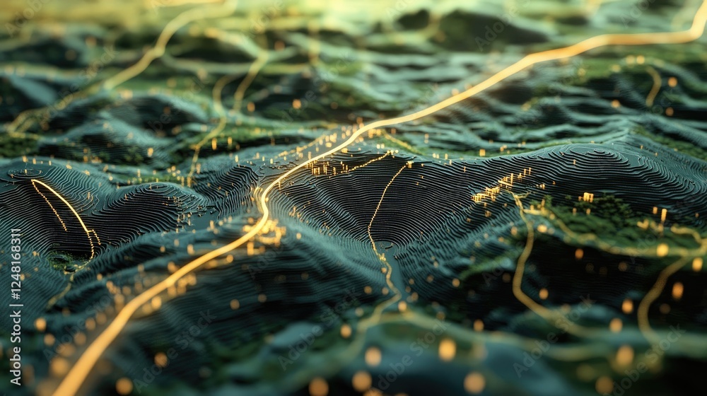 Fototapete Topographic map with a highlighted route leading from local resources to a central factory, symbolizing an optimized, short supply chain for efficient distribution.