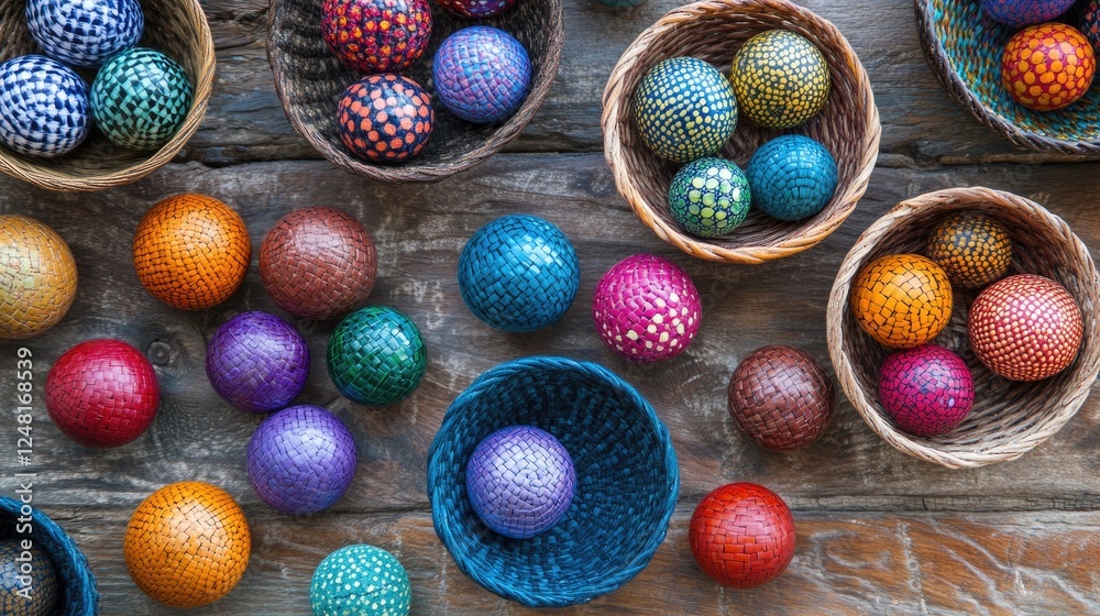Aufkleber woven baskets filled with vibrant geometric spheres of various colors placed on a wooden surface, cr