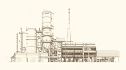 Industrial plant, complex infrastructure, manufacturing, process, sepia tone, background white, industrial illustration