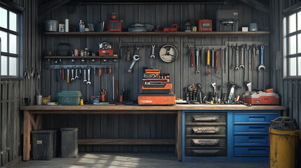 Night workshop interior in garage storage room with tool shelf and lamp spotlight. Wood table in shed or basement with toolbox, board for handsaw and wrench. Engineer equipment in storeroom front view