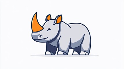 Obraz premium Playful cartoon rhinoceros with an orange horn, set against a minimalistic white background