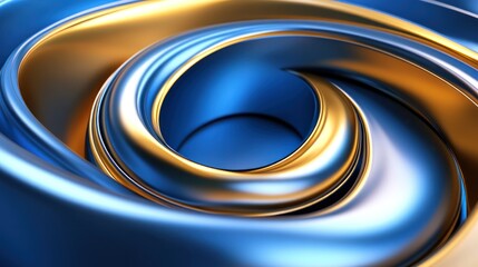 Swirling blue and gold metallic shapes creating dynamic visual flow